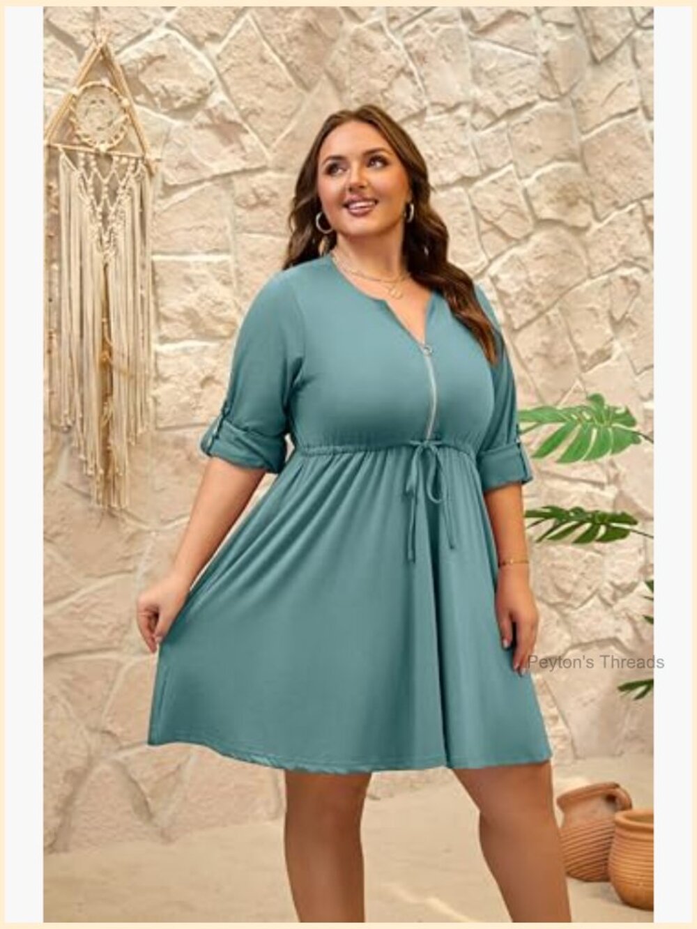 Plus Size Casual Roll Up 3/4 Sleeve V Neck Zipper Tie Waist Flowy Dress with - Picture 6 of 7